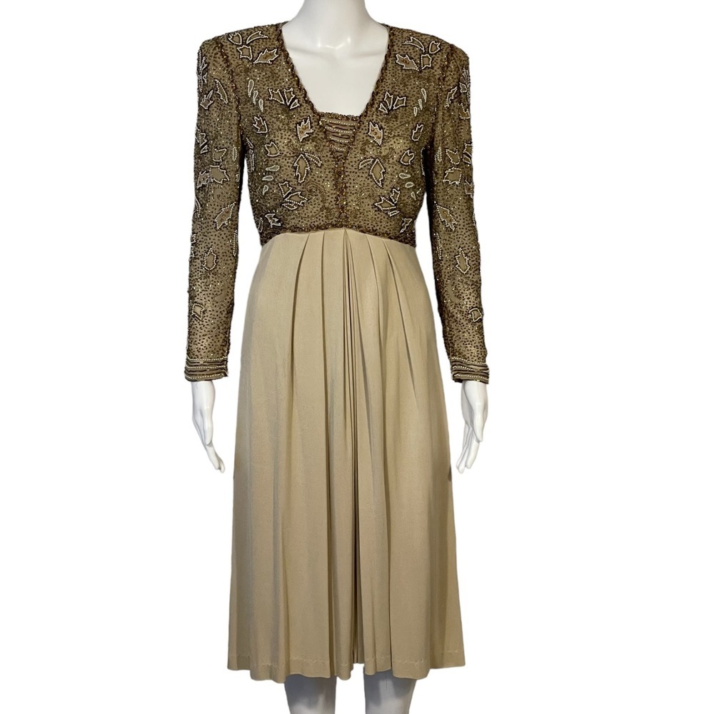 Victoria Royal Ltd. Vintage 60’s Gold Beaded Long Sleeve Cocktail Dress Sz Small